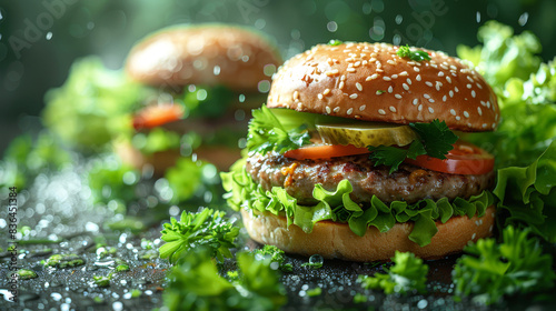 Juicy and tasty vegetarian hamburger among lush greens photo