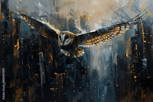 A painting of a large owl flying over a cityscape photo