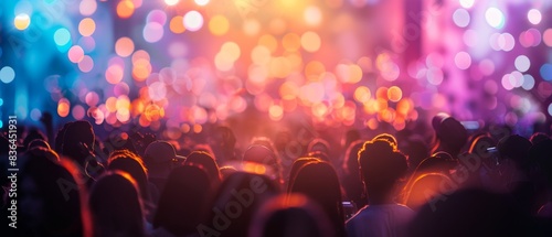 A vibrant crowd enjoys a concert with colorful stage lights and bokeh effects, capturing the high-energy atmosphere of live music. photo