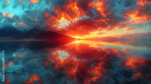 A nature sandbar during sunset, the sky ablaze with colors, and the water reflecting the hues