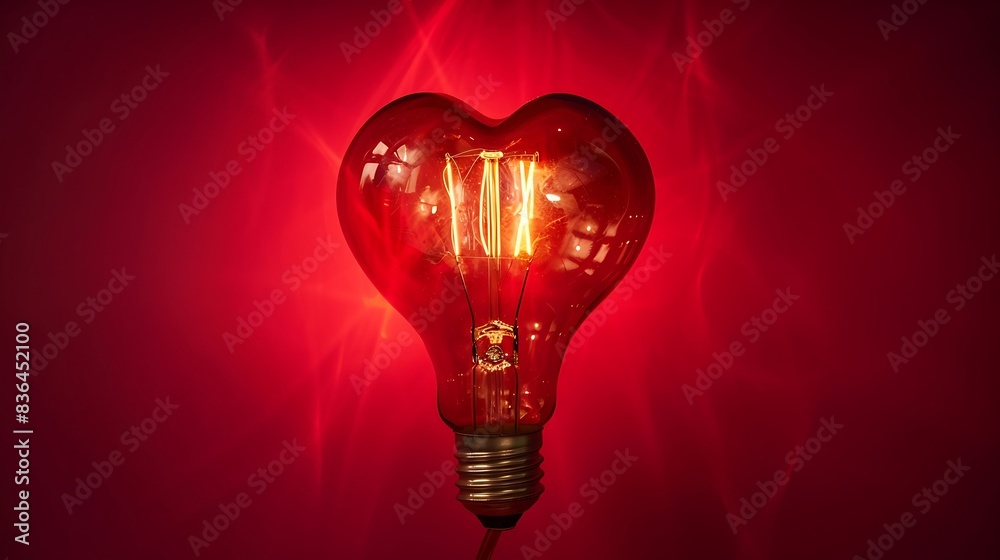 heart-shaped light bulb filament against a deep red background. heart-shaped light bulb filament against a deep red background.