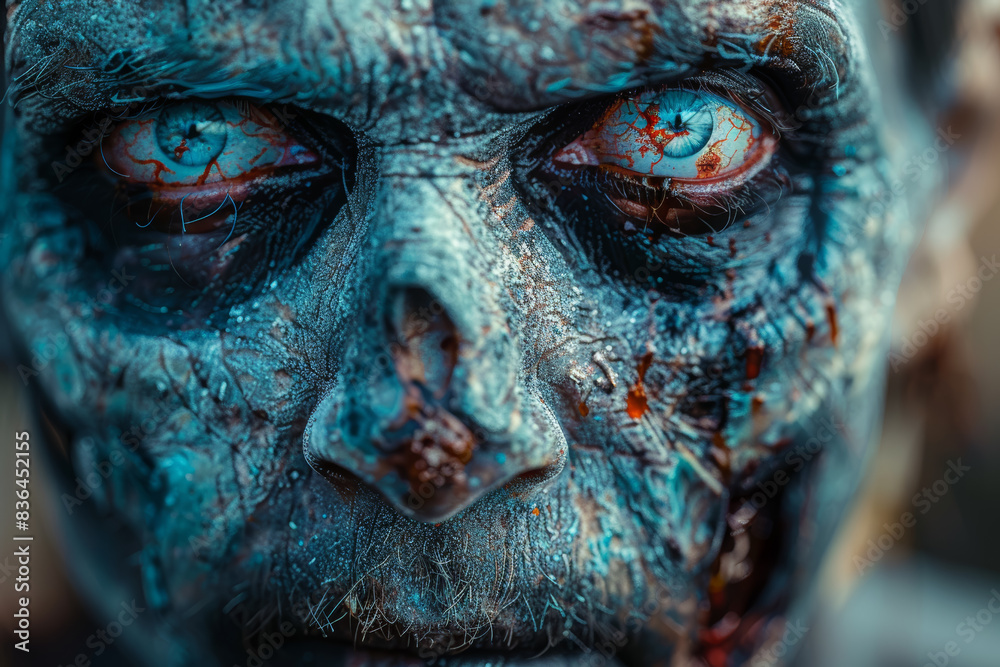 A zombie with half its face missing, revealing the skull underneath. Concept of gore and terror. Generative Ai. A zombie with half its face missing, revealing the skull underneath. Concept of gore and terror. Generative Ai.