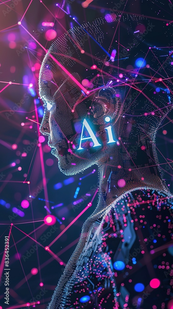 Letters Ai over Futuristic humanoid with glowing network connections, digital artificial intelligence concept banner, technology and innovation businesses, data science and cybernetics industries. Letters Ai over Futuristic humanoid with glowing network connections, digital artificial intelligence concept banner, technology and innovation businesses, data science and cybernetics industries.