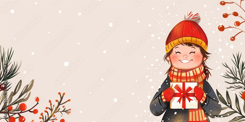 Naklejka premium Christmas holiday concept - sale banner. Cute little girl, boy hold gift box. Holiday design with character. Greeting card, invitation, cover, calendar, social media posts, menu. Generative Ai content
