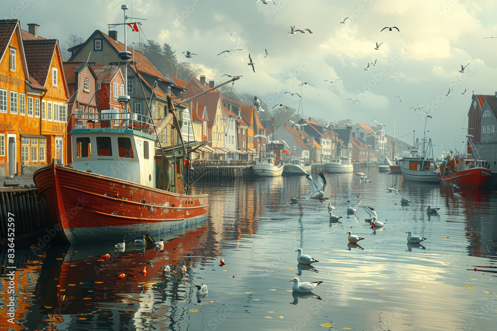 Fototapeta premium A quaint harbor with fishing boats and seagulls. Concept of maritime life and tradition. Generative Ai.