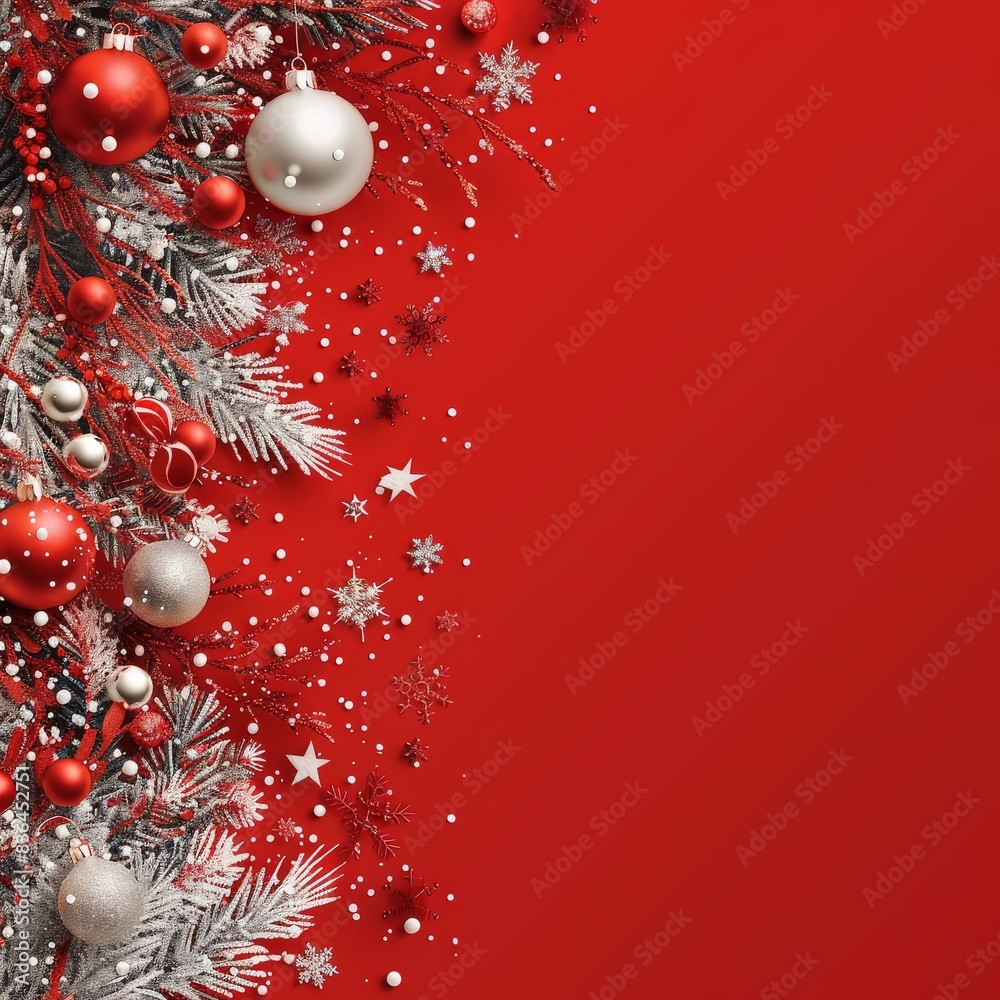 Flat view christmas fir branches and decorative little giftbox red and white balls on Red background.