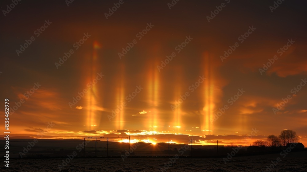 Fototapeta premium The suns last farewell creates a stunning display of solar pillars against the evening sky.