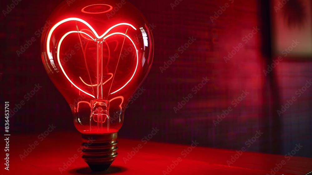 Luminous heart filament inside a light bulb, emitting love on red. Luminous heart filament inside a light bulb, emitting love on red.