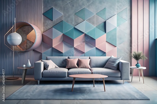 Gradient colors blend in wall art, gray sofa centerpiece