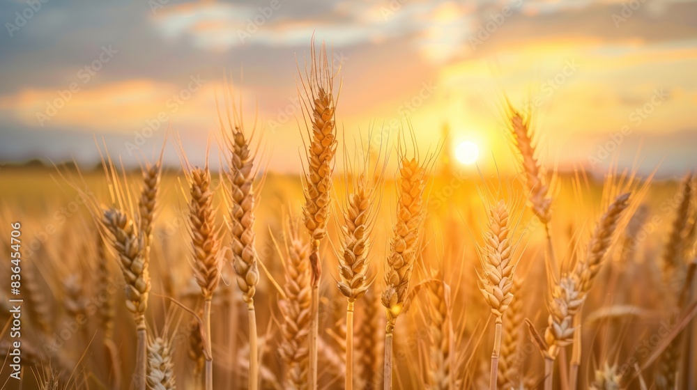 A field of golden wheat with the sun setting in the background A field of golden wheat with the sun setting in the background