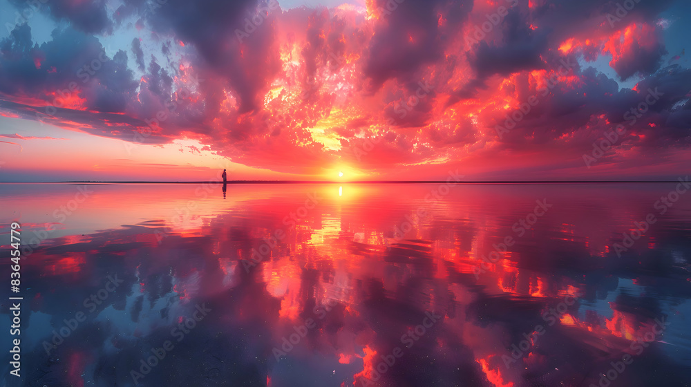 A nature tidal flat during sunset, the sky ablaze with colors, and the water reflecting the hues A nature tidal flat during sunset, the sky ablaze with colors, and the water reflecting the hues