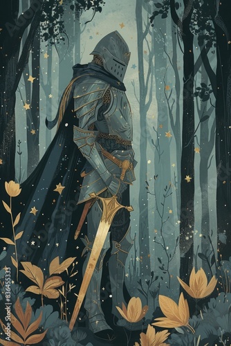 Illustration features a knight in a forest, blending harmoniously with nature, using dark gray, gold, and azure tones, enhanced by a celestial glass star. photo