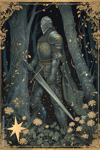 Card-style illustration featuring a knight in a forest, seamlessly merging with nature, symbolizing harmony between humanity and the natural world in dark gray, gold, and azure tones, enhanced by a photo