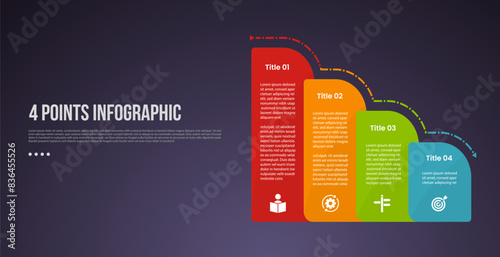 4 points or step process infographic with round vertical box container gradually decrease on right column with modern dark style for slide presentation