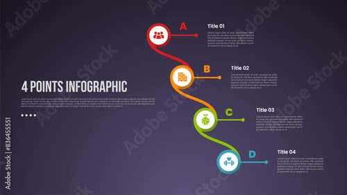 4 points or step process infographic with big circle creative line connection vertical with modern dark style for slide presentation
