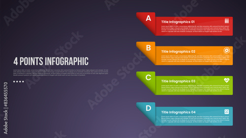 4 points or step process infographic with vertical stack rectangle box container on right column with modern dark style for slide presentation