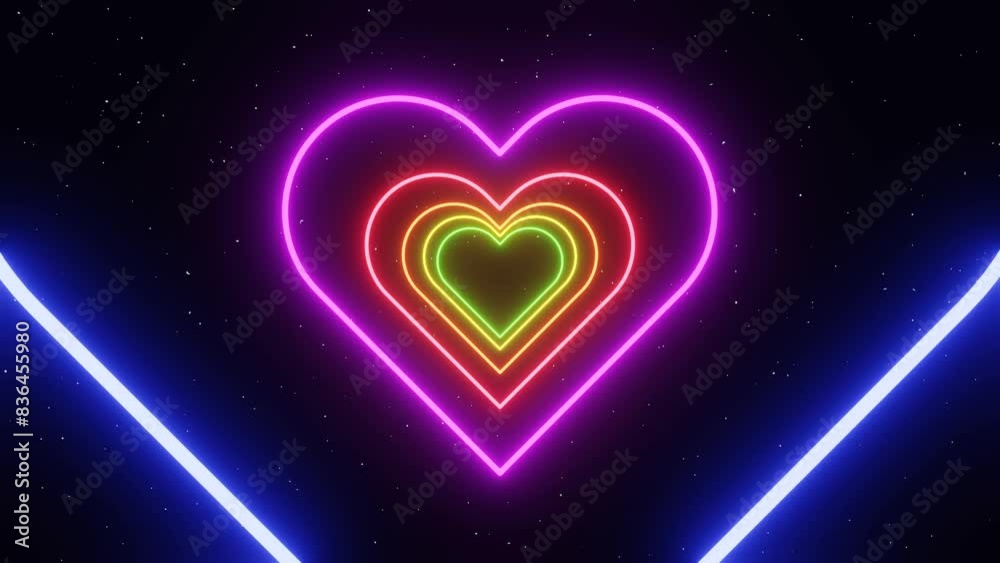 3d Neon glowing abstract rainbow heart tunnel in LGBT Pride colors. Disco music party Valentines day celebration. Retro y2k cyber sci-fi VJ videogame futuristic background. Animation loop 30fps 4k	
