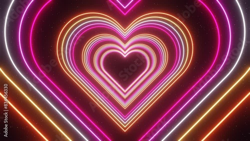 3d Neon glowing abstract rainbow heart tunnel in LGBT Pride Lesbian pink colors. Disco music party Valentines day celebration. Retro y2k futuristic background. Animation loop 30fps 4k	

