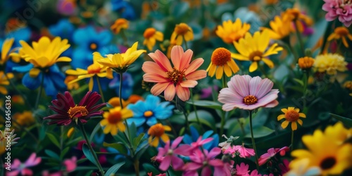 A close-up of a flower garden in full bloom  with an array of vibrant colors and various types of flowers