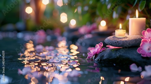 Spa stones in garden with flow water candles and flowers