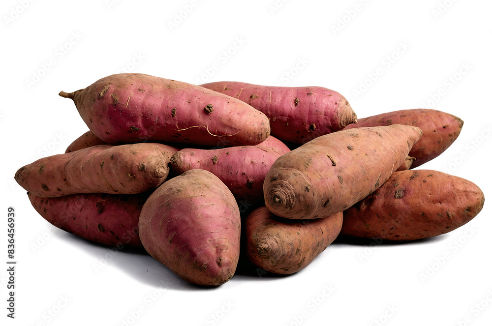 A pile of uncooked organic sweet potatoes partially covered, set on a transparent white background, as png A pile of uncooked organic sweet potatoes partially covered, set on a transparent white background, as png