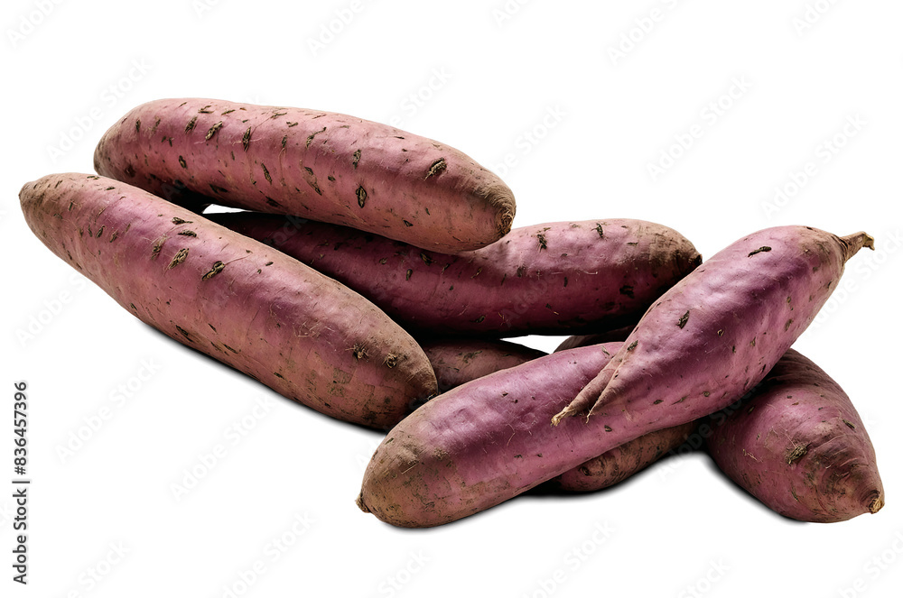 Fresh pile of sweet potatoes presented on a transparent white background, ready for png formatting Fresh pile of sweet potatoes presented on a transparent white background, ready for png formatting