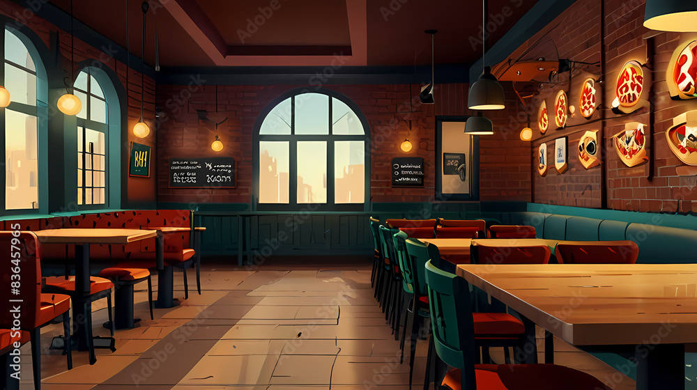 Background with a pizza restaurant interior view theme Background with a pizza restaurant interior view theme