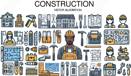 Construction editable stroke outline icons set. Construction, renovation architecture, engineer, building, home repair tools. Vector illustration