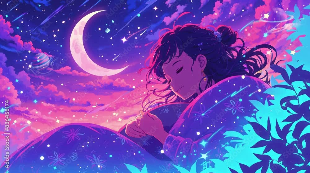 lofi anime niji girl sleeping, beautiful purple sky with moon and stars lofi anime niji girl sleeping, beautiful purple sky with moon and stars