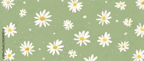 Seamless floral pattern. Chamomile flowers on a green background. A field of white daisies with yellow centers and green stems and leaves.