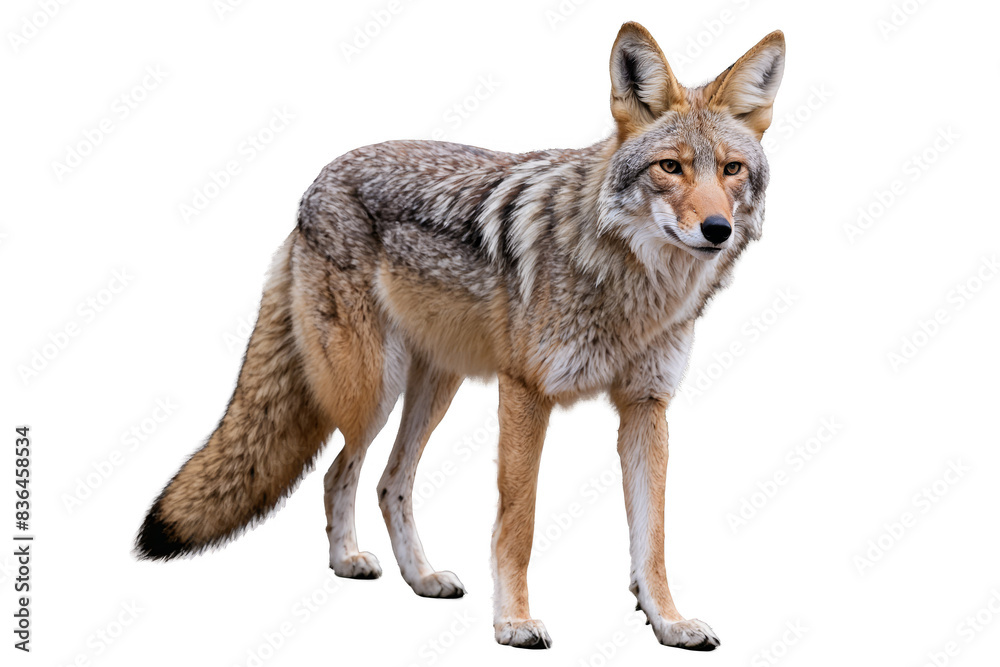 A detailed full-body image of a coyote standing alert on a transparent, white background, ideal for clean PNG usage A detailed full-body image of a coyote standing alert on a transparent, white background, ideal for clean PNG usage