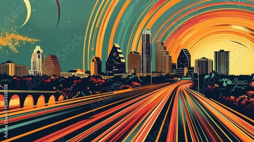  Austin music scene and cityscape, classic sports posters, tranquil gleam emanates from liquid trails