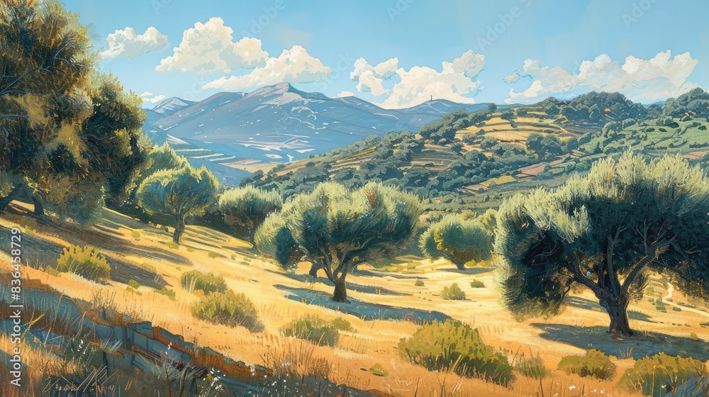 Naklejka premium Characteristic of the Mediterranean landscape Hills adorned with olive trees holm oaks and pines interspersed in between