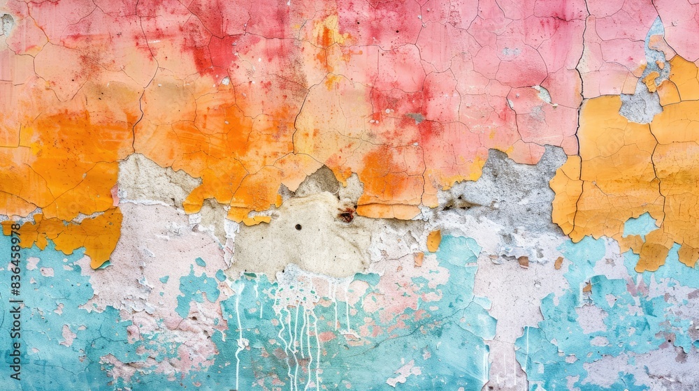 Colorful wall with cracked paint and bohemian design backdrop