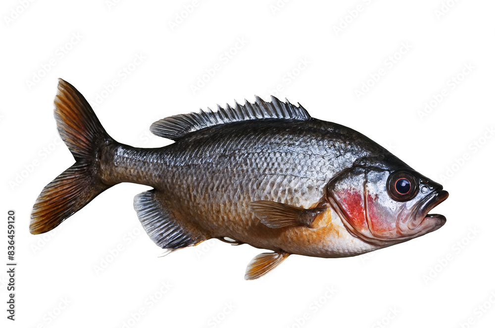 Fototapeta premium A vibrant black fish with its mouth open isolated on a transparent, white background, png, showcasing intricate details