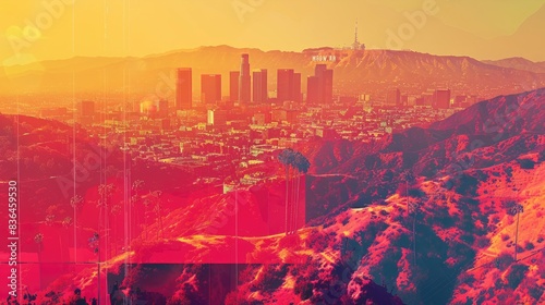  Collage of Los Angeles with Hollywood sign, retro graphic decor, calm radiance flows from liquid channels