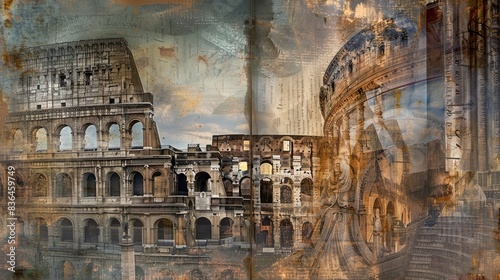  Collage of Rome with Colosseum, antique book covers, soft gleam flows from aqueous currents