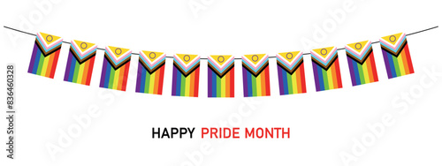 Happy Pride month card with updated LGBTQ Pride Flag pennants, vector illustration