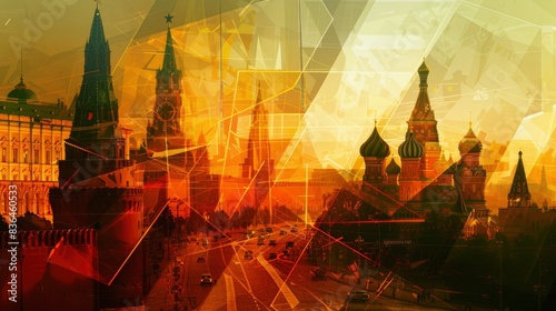  Moscow Red Square collage, retro branding elements, calm luminescence emanates from fluid lines