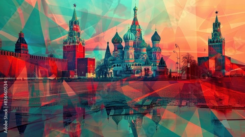  Moscow Red Square collage, retro branding elements, calm luminescence emanates from fluid lines