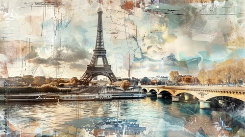  Paris collage wallpaper with Eiffel Tower, classic design aesthetics, tranquil gleam radiates from liquid rivers