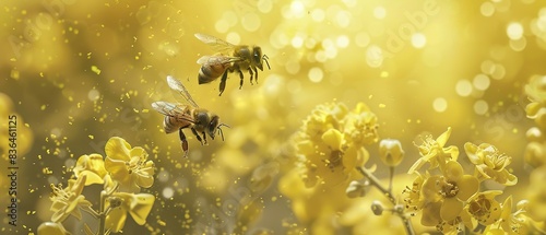 Bees pollinate food crops. Honey bee on flower while collecting pollen from flowers photo