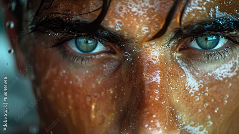 An intense close-up of a man's face during high-intensity exercise. Sweat and concentration are evident. Put effort and determination into it An intense close-up of a man's face during high-intensity exercise. Sweat and concentration are evident. Put effort and determination into it