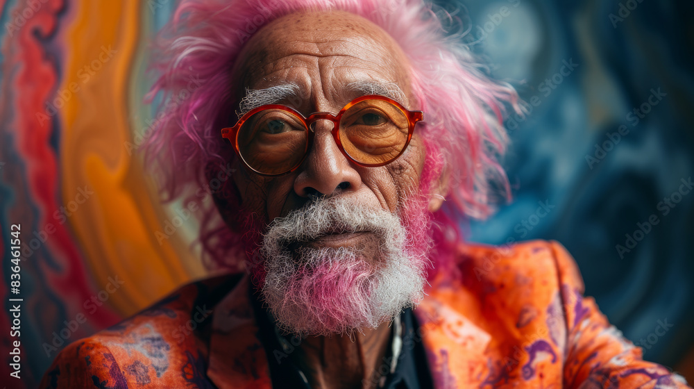 Elderly man with pink hair and colorful suit against abstract background, fashion and individuality concept Elderly man with pink hair and colorful suit against abstract background, fashion and individuality concept