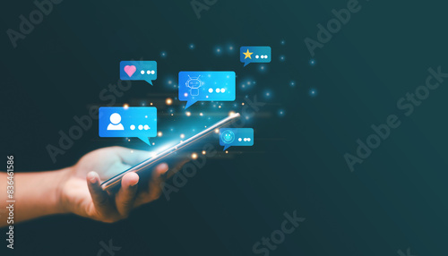 Social media connecting concept. Businessman using smartphone for connect to social media internet network. Chat with ai, message, and other application on online network.