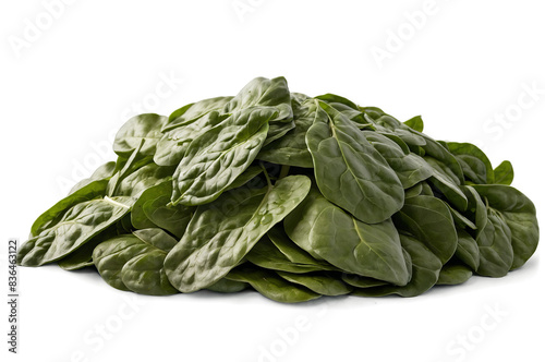 Fresh, green spinach leaves stacked on top each other, detailed texture visible on a transparent, white background, png photo