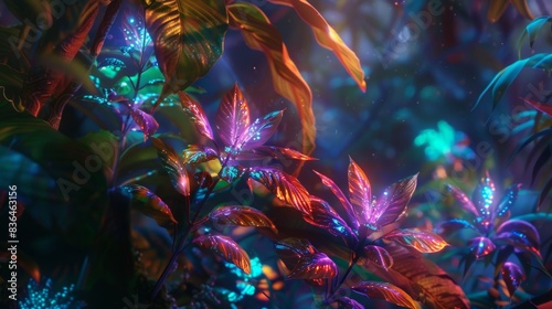Glowing plants growing in magical forest at night, Otherworldly scene of glowing flora growing in an enchanted forest © Shozib