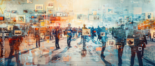Abstract space of social media, digital screens with news and content as background. Concept of global network, ai world, online, people.