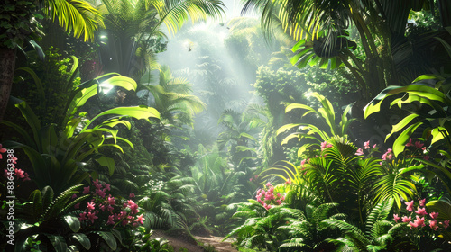 Beautiful jungle in paradise, scenic view of green tropical forest, palms and flowers. Concept of travel, wild, landscape, nature, wilderness