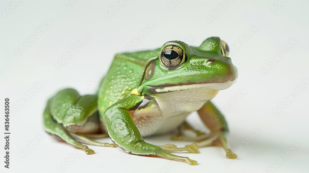 Green frog head close up view on white background. Green frog head close up view on white background.